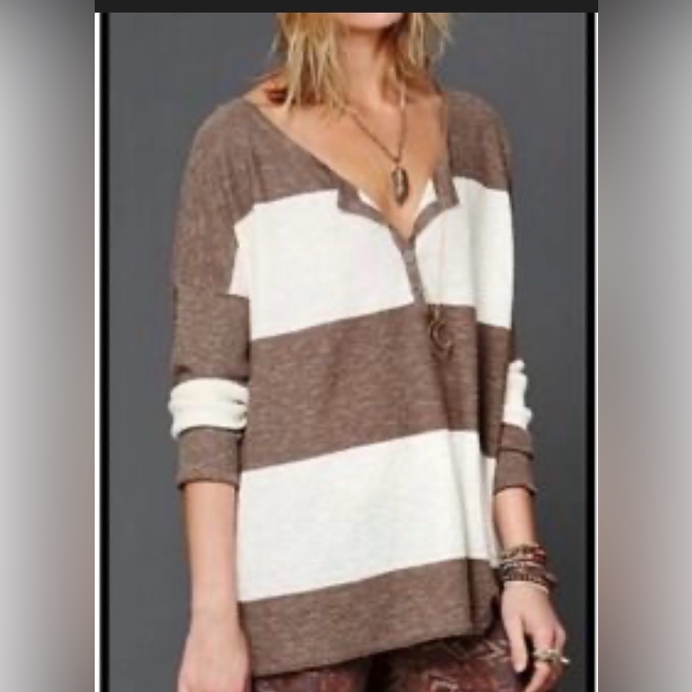 Free People Beach Women's Brown Sweater Gold Rush Henley Linen Stripe Sz Large